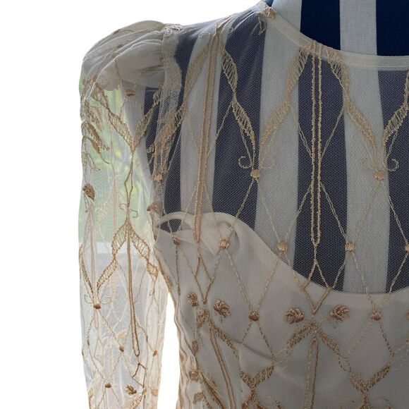 Vtg Cachet By Bari Protas Champagne Ivory Lace Maxi Dress 5 6 Victorian Wedding - Picture 3 of 15